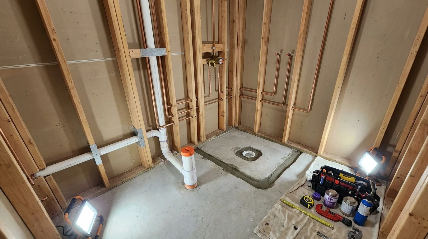 Bathroom rough-in plumbing during remodel by Johns Plumbing LLC in Richton Park