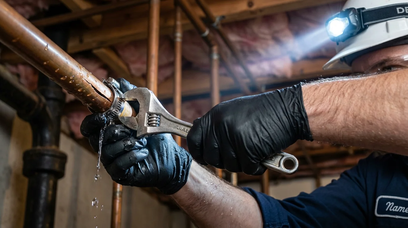 Emergency pipe clamp repair being performed by a Johns Plumbing LLC plumber in Richton Park