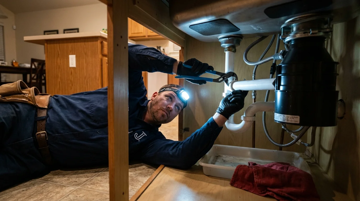 P-trap and supply line connections under a kitchen sink showing a common leak point in Richton Park, IL